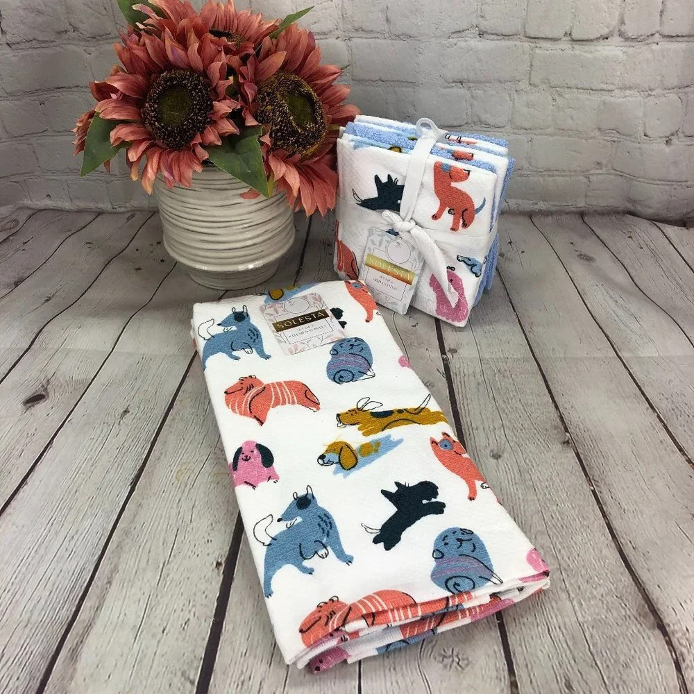 Solesta dish towel and dish cloth set with dogs